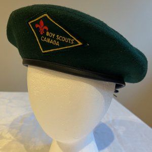 Vintage 60s BOY SCOUTS of Canada Official Green Wool Leather Large BERET HAT CAP